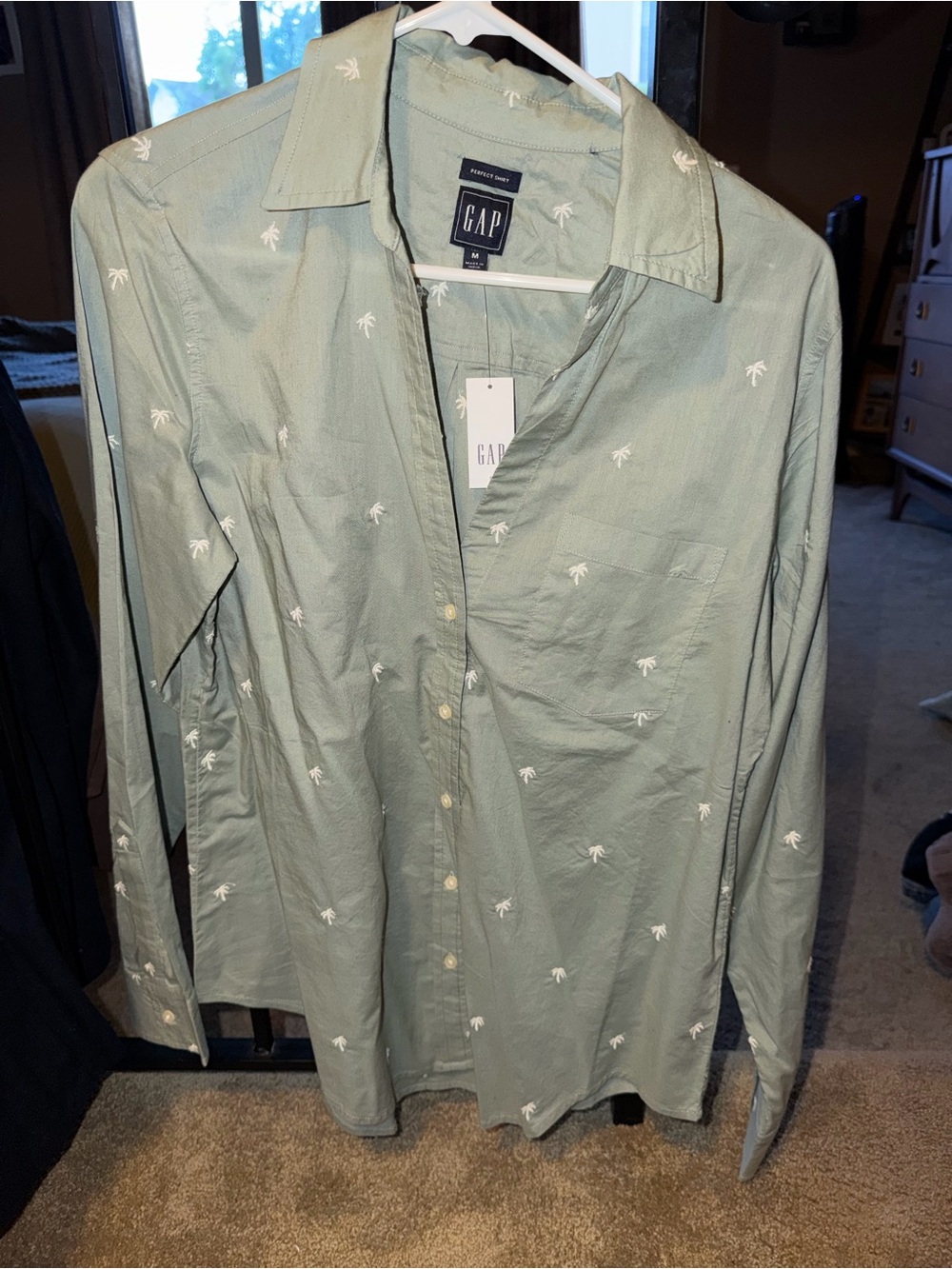GAP Men's Light Sage Green Button-Down Shirt with White Palm Embroidery